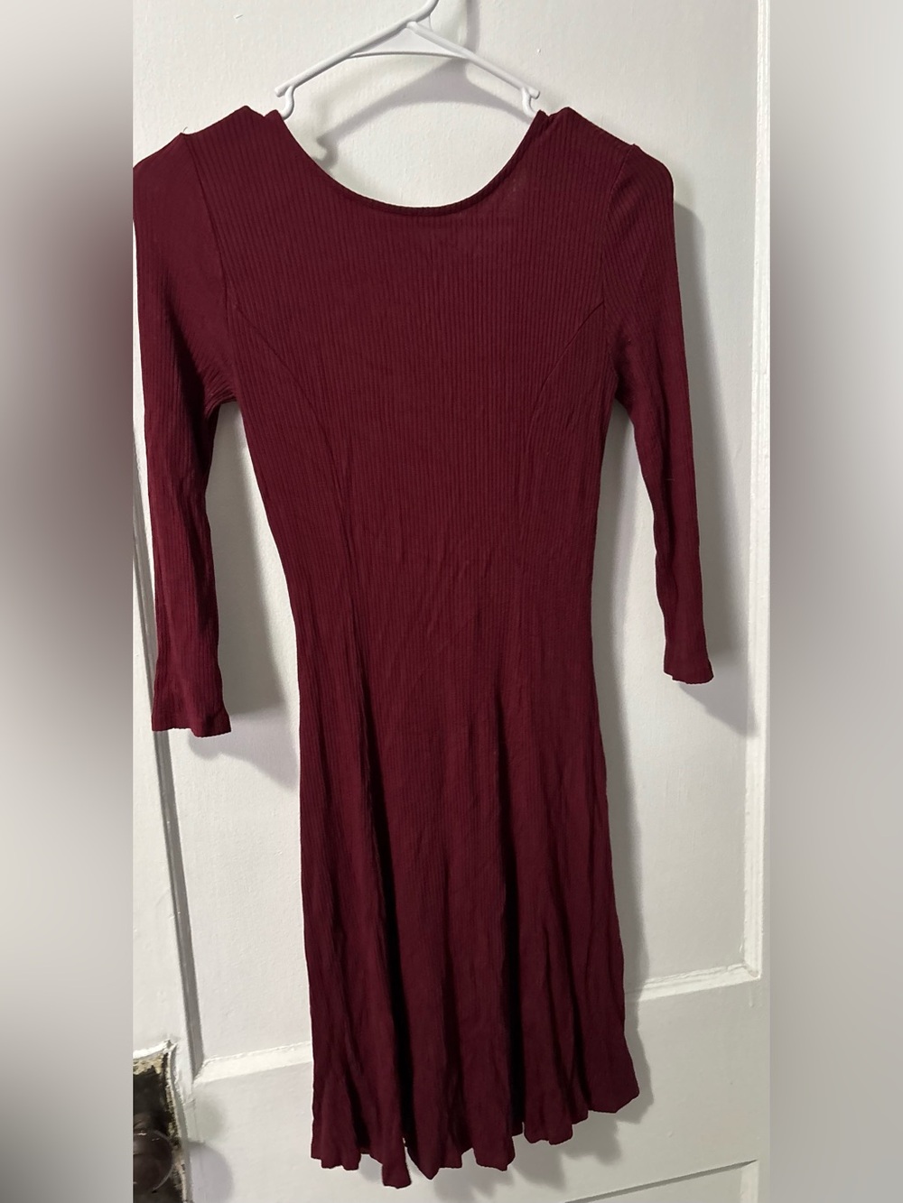 Maroon Red Ribbed Quarter Sleeved Criss Cross Back Mini Dress Womens Size XS